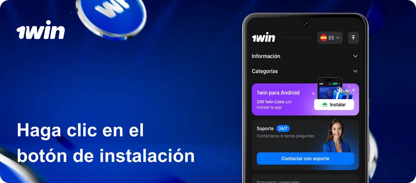 Buscá el logo de Android en la página, que suele estar bien visible. Pulsá sobre él para que se inicie la descarga del archivo en 1win