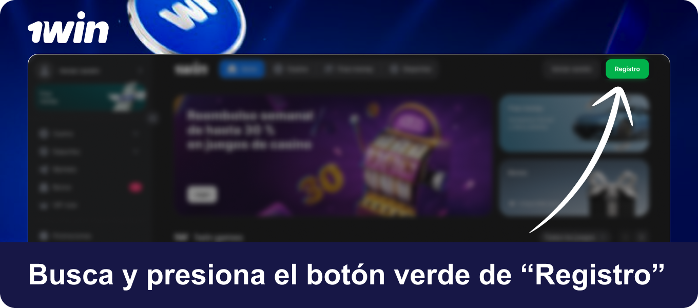 Busca y presiona el botón verde de “Registro" en 1win