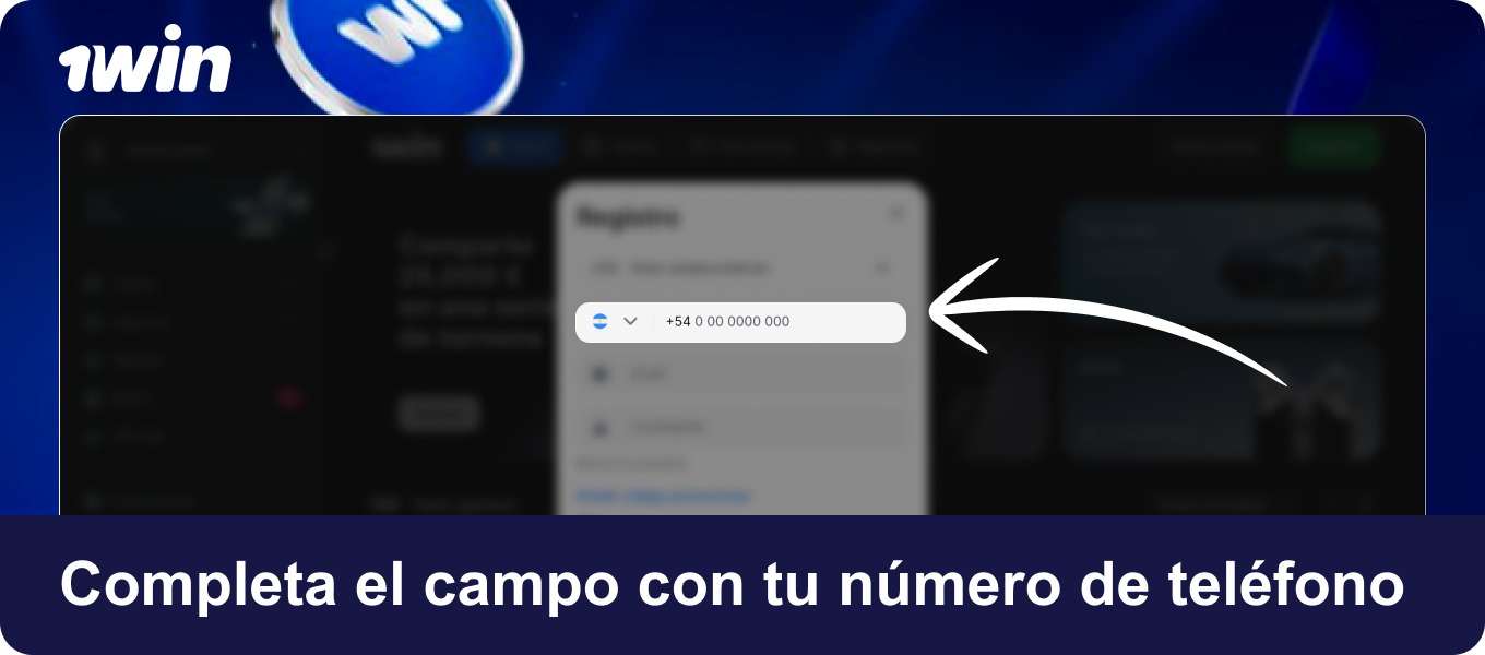 Completa el campo con tu número de teléfono celular de Argentina en 1win